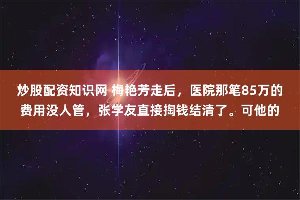 炒股配资知识网 梅艳芳走后,医院那笔85万的费用没人管,张学友直接掏钱结清了。可他的